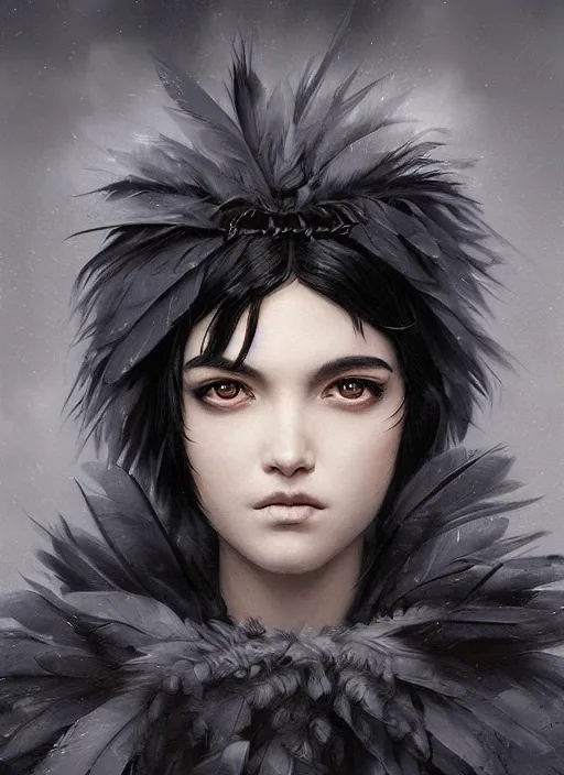 Image similar to a teenage girl with very short black hair and a huge cloak made of grey and black feathers. beautiful highly detailed face. beautiful painting by artgerm and greg rutkowski and raymond swanland, detailed portrait, closeup