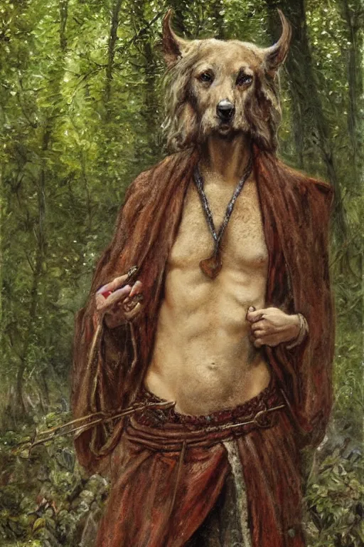 Prompt: slavic dog head man, woolen torso in medieval clothes, hiding in the forest, orthodox saint christopher, art by luis royo, oil painting, painting by viktor vasnetsov, concept art, hyperrealism, beautiful, high resolution, trending on artstation,