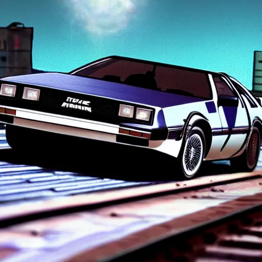 Prompt: a flying DeLorean chasing a train, 1980s photorealistic style