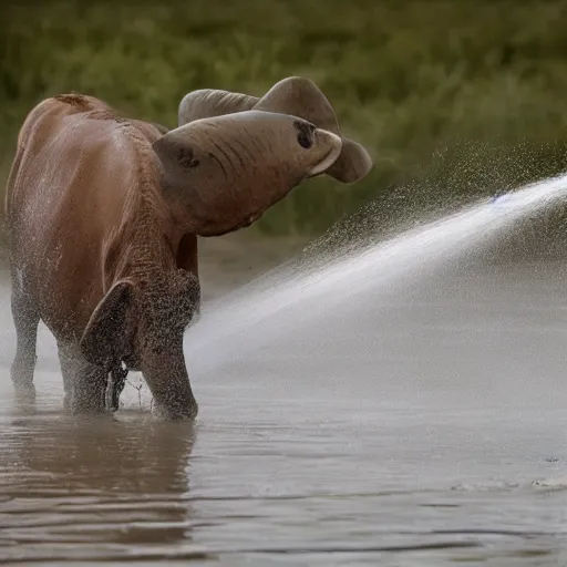 Prompt: national geographic professional photo of trump lapping up water in a busy watering hole, award winning