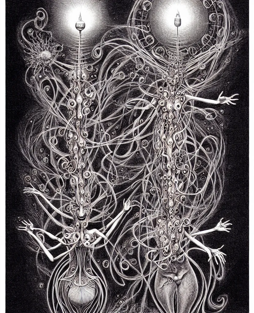 Prompt: whimsical freaky creature sings a unique canto about'as above so below'being ignited by the spirit of haeckel and robert fludd, breakthrough is iminent, glory be to the magic within, ballpoint drawing by ronny khalil