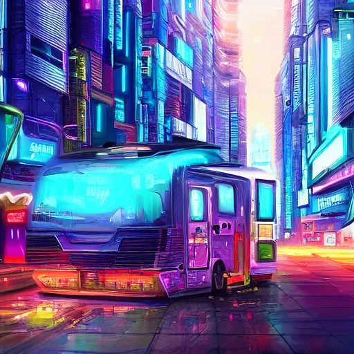 Image similar to beautiful digital painting of an RV in a cyberpunk city, hyperdetailed, vivid colors, trending on Artstation