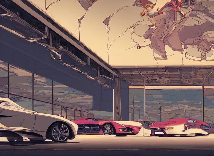 Image similar to large fancy showroom for cars but no people and no cars. sharp focus, cinematic pose, cinematic lighting, unreal engine render. art by josan gonzales and moebius and deathburger.