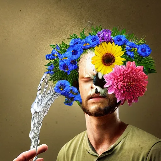 Image similar to man pouring water on head, flowers are in a pot on his head, the pot is part of his head, high detail, 8K digital art