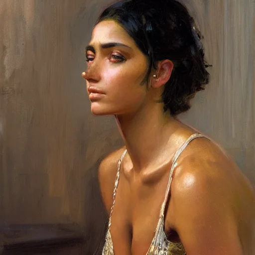 Prompt: a high fashion studio stunning backlit portrait of frowning egyptian girl, with tanned skin, painting by gaston bussiere, craig mullins, j. c. leyendecker