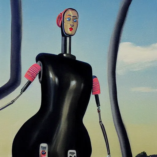 Image similar to female robot girl painting by neo rauch, highly detailed