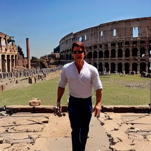 Prompt: tom cruise dressed as a pharaoh in the middle of the roman colosseum