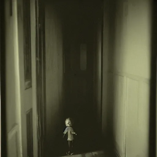 Image similar to creepy vintage doll in darkly lit hallway photo by william mortensen