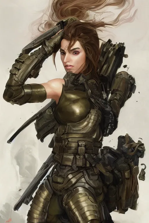 Image similar to a professionally painted portrait of an attractive young woman clothed in military-style battle armor, olive skin, long dark hair, beautiful bone structure, symmetrical facial features, intricate, elegant, hero shot, digital painting, concept art, smooth, sharp focus, illustration, finely detailed, from Metal Gear by Ruan Jia and Mandy Jurgens and Artgerm and William-Adolphe Bouguerea, award winning, trending on Artstation