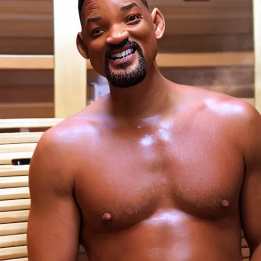 Prompt: Will Smith in a sauna with hairy chest