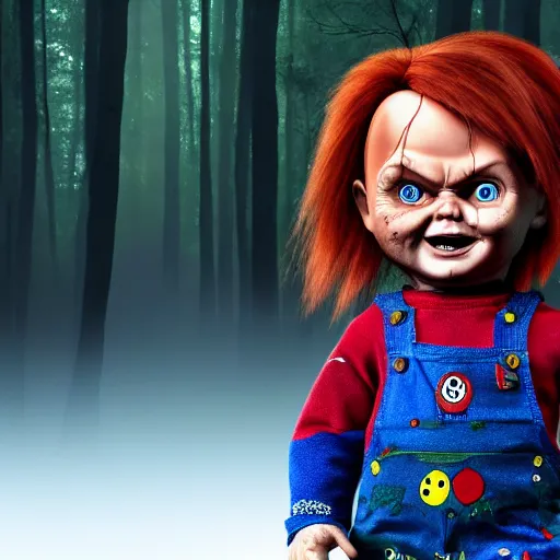 Image similar to chucky the doll in the woods foggy digital art 4 k detailed super realistic