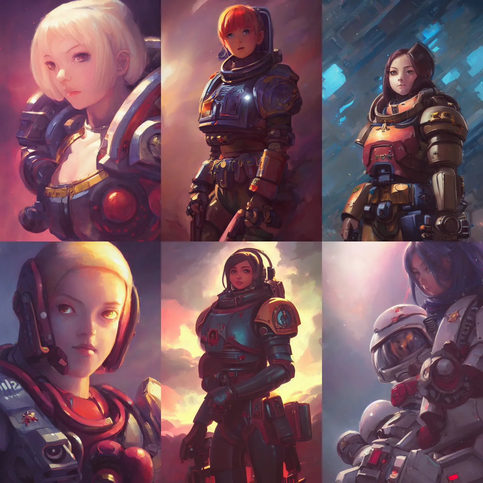 Prompt: a portrait of a cute female space marine, warhammer 40k setting, vivid colors, soft lighting, atmospheric, cinematic, moody, in the style of Ilya Kuvshinov and Range Murata, Krenz Cushart, rule of thirds, oil on canvas, 8k