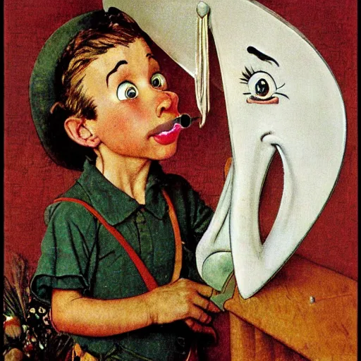 Prompt: pinocchio face with long nose piante di by norman rockwell