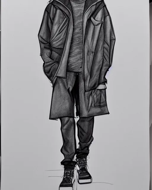 Image similar to rough marker sketch of a male model wearing a baggy menswear moto jacket by issey miyake, 4 k, astonishing detail, studio lighting, wide angle lens