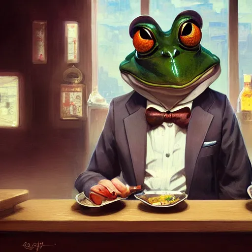 Image similar to Frog wearing business casual attire sitting in a bar and eating a bowl full of flies, digital painting, detailed, artstation, Krenz Cushart, Greg Rutkowski, Alphonse Mucha, Artgerm