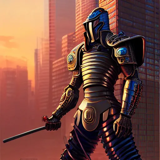 Prompt: samurai cyborg, armor designed by jony ive in cybercity, golden hour, poster by michael whelan and gilbert williams and evgeny lushpin and artgerm and alena aenami, 3 0 mm, well proportioned, highly detailed, rule of thirds, long exposure