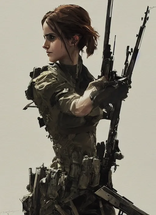 Image similar to emma watson wearing metal gear armor holding rifle dramatic lighting art by Yoji Shinkawa by Richard Schmid by greg rutkowski by Sandra Chevrier by Jeremy Lipking cinematic dramatic