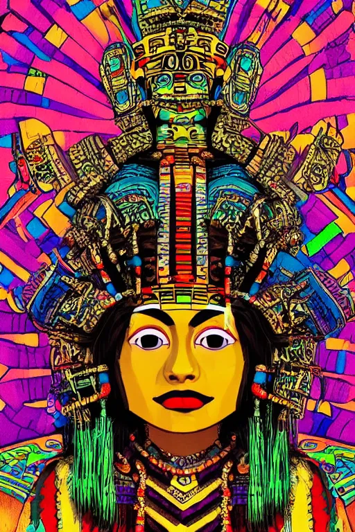 Prompt: close up portrait of a beautiful aztec queen with elaborate head dress by jamie hewlett, jamie hewlett art, full body character concept art, vaporwave colors,