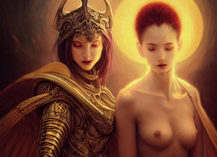 Prompt: portrait of demonic woman and angelic woman in armour, passionate pose, pixie, genshin impact, intricate, elegant, golden glow, sharp focus, soft bokeh, illustration, highly detailed, concept art, matte, trending on artstation, bright colors, art by wlop and artgerm and greg rutkowski, mucha, giger, marvel comics, beksinski