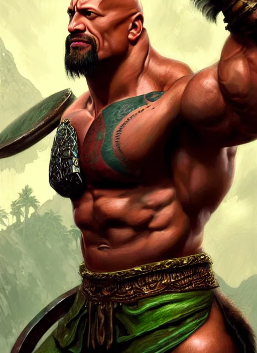 Prompt: ! dream portrait of aggressive dwayne johnson as kratos, d & d, muscular! green, fantasy, intricate, elegant, highly detailed, digital painting, artstation, concept art, smooth, sharp focus, illustration, art by artgerm and greg rutkowski and alphonse mucha