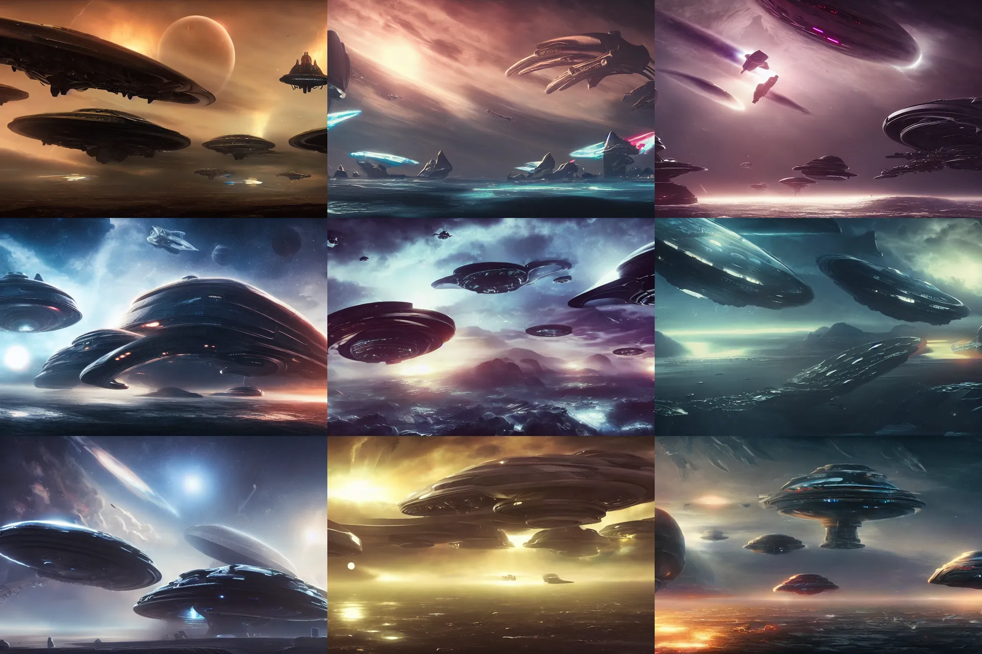 Prompt: giant spaceships fighting an alien mothership, dreamy, cinematic, matte painting, trending on artstation, 4k