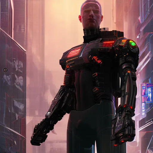 Image similar to front view, imposing, ominous portrait of cyborg Mark Zuckerberg as a cyberpunk 2077 loading screen, symmetry, front view, intricate, studio, art by anthony macbain + greg rutkowski + alphonse mucha, concept art, 4k, sharp focus