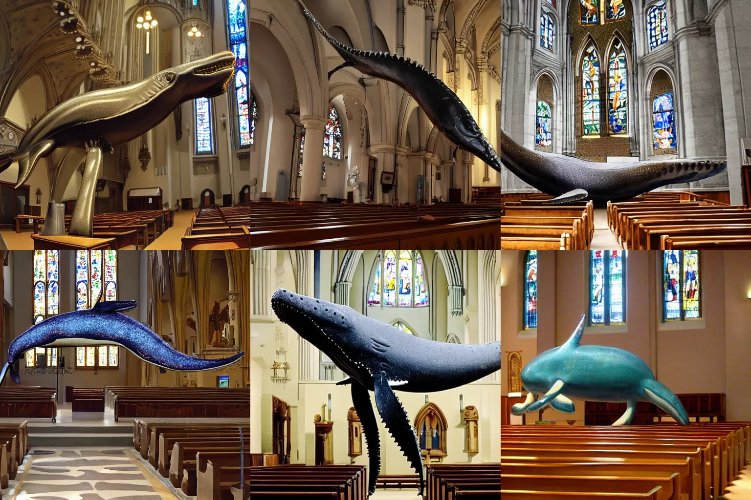 Prompt: horse-legged whale praying in church, ultra realistic, highly detailed