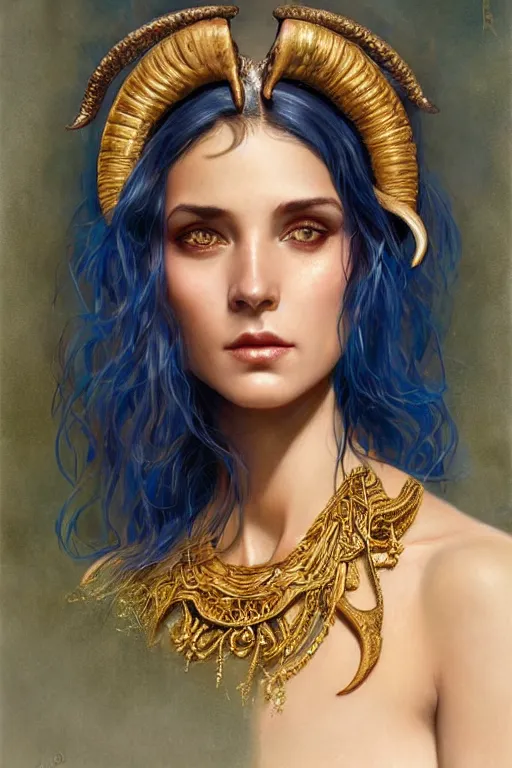 Image similar to a beautiful woman with deep blue skin, big natural ram horns on her head, flowing dress, gold jewellery, dnd, face, fantasy, intricate, elegant, highly detailed, digital painting, artstation, concept art, smooth, sharp focus, illustration, art by artgerm and greg rutkowski and alphonse mucha