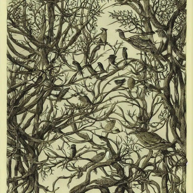 Prompt: mysterious forest with birds, by ernst haeckel :: pyrography :: very beautiful! dreamy, poetic, melancholy