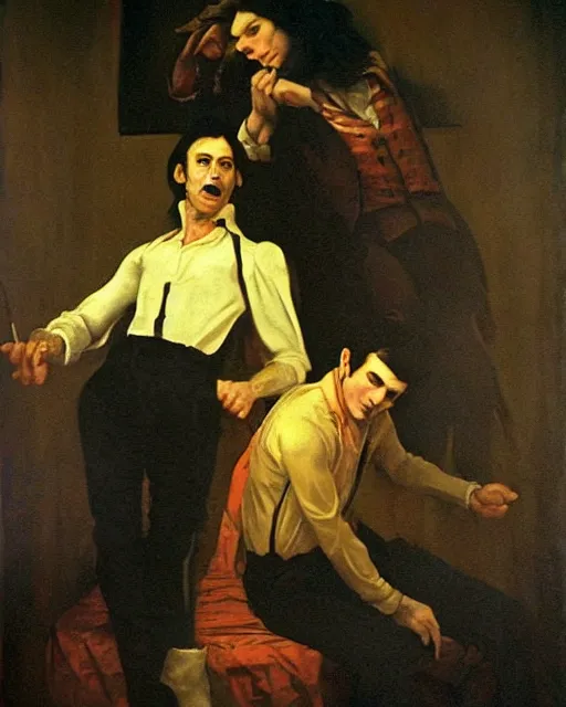 Image similar to a baroque painting of two beautiful but sinister men wearing oxford shirts in layers of fear, with haunted eyes and dark hair, 1 9 7 0 s, seventies, wallpaper, a little blood, moonlight showing injuries, delicate embellishments, painterly, offset printing technique, by brom, robert henri, walter popp