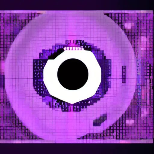 Prompt: illustration of a cyberpunk eye in a purple rhombus on a black background.