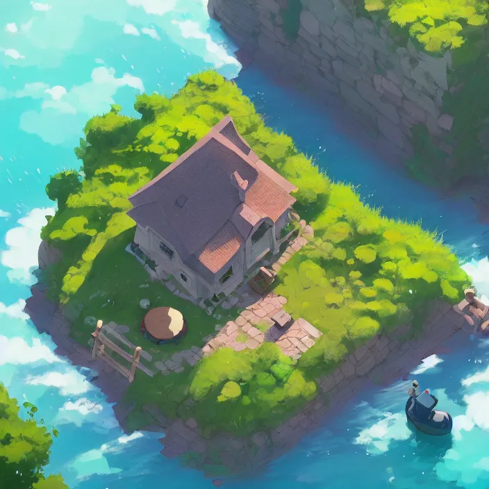 Image similar to rpg top down view of a lovely cottage, cory loftis, james gilleard, atey ghailan, makoto shinkai, goro fujita, studio ghibli, rim light, exquisite lighting, clear focus, very coherent, plain background, soft painting