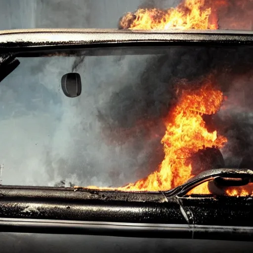 Image similar to movie still of a burning car from the series radebank,