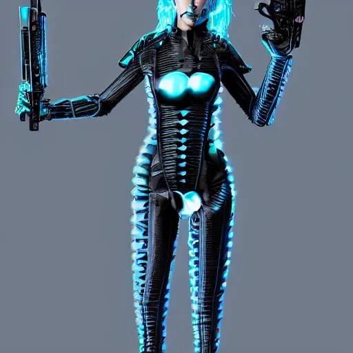 Image similar to a full body beautiful woman wearing a cyberpunk outfit by hr giger, blue eyes, weapons, electronics, high tech, cyber wear, concept art, fantasy, cyberpunk