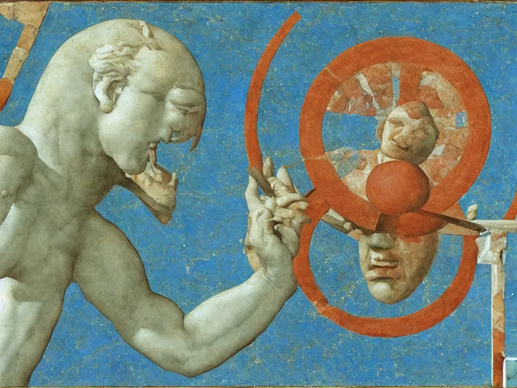 Image similar to marble greek sculpture of saturn devouring his sun with inlaid mineral eyes. lapis - lazuli, turquoise, malachite, cinnabar, earth brown. painting by piero della francesca, balthus, agnes pelton