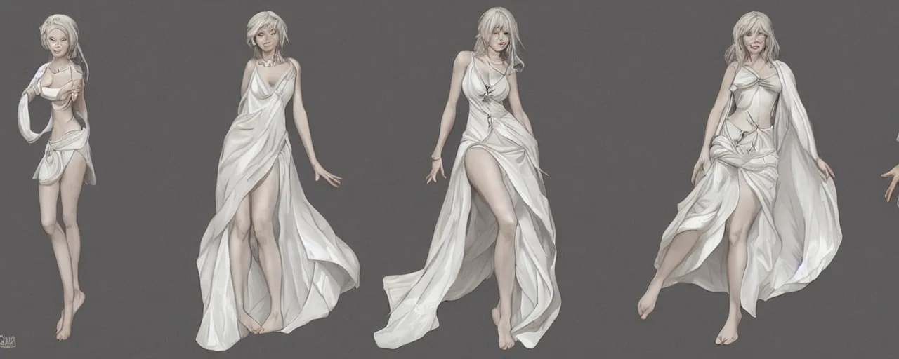 Prompt: character design, reference sheet, ancient white dress, relaxing, cute, super tale, slim, young female, happy, beautiful, elegant, no shoes, open v chest clothes, long dark hair, concept art, photorealistic, hyperdetailed, 3d rendering! , art by Leyendecker! and constable,