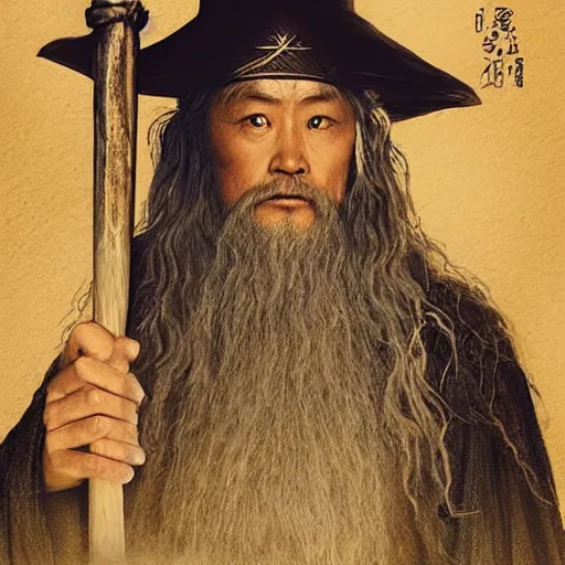 Image similar to a still from “ lord of the rings ” of a head and shoulders portrait of fei lung as a wizard with a hat and a wooden staff, photo by phil noto