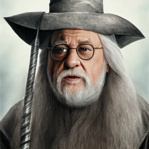 Image similar to ultra realistic illustration, danny devito as gandalf the white from return of the king, full body, high quality, highly detailed, wide angle, illustration, digital art, full color