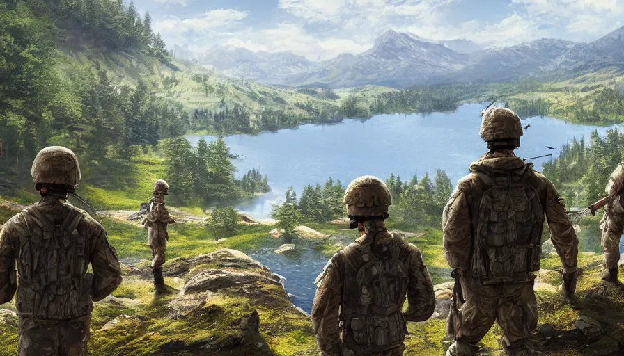 Image similar to back view of soldiers watching lake from the mountains, sunny day, forest, hyperdetailed, artstation, cgsociety, 8 k