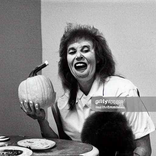 Image similar to 1 9 8 0 s woman smiling while she is painting a funny face on a pumpkin, newspaper photo