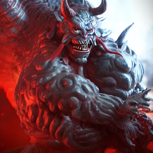 Image similar to an ultra detailed 3 d render of a japanese oni demon as a boss from nioh, shonen anime, 8 k, volumetric lighting, smooth, highly detailed, digital illustration, octane render, art by jeong seon and greg rutkowsi, artstation