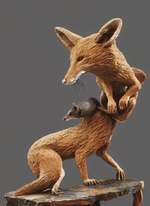 Prompt: sculpture of rat mating with a fox made of wood, portrait, female, future, wood, tree, harper's bazaar, vogue, magazine, insanely detailed and intricate, concept art, close up, ornate, luxury, elite, elegant, trending on artstation, by ruan jia, by Kenneth Willardt, by ross tran, by WLOP, by Andrei Riabovitchev,