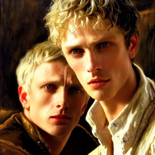 Prompt: arthur pendragon and merlin. close up of their faces. natural lighting. highly detailed painting by gaston bussiere, j. c. leyendecker 8 k