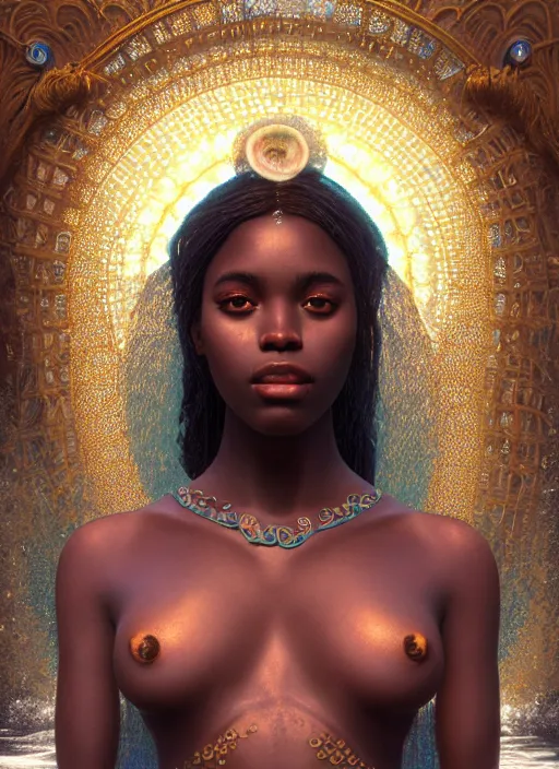 Image similar to film still, cinestill 8 0 0 t, underwater photography full body portrait of a dark skin mermaid haitian goddess, white lilies, intricate, sensual features, dewy skin, reflective skin, highly detailed, divine holy perfection!! artstation, smooth, sharp focus, warm lighting, illustration, art by artgerm and greg rutkowski and alphonse mucha