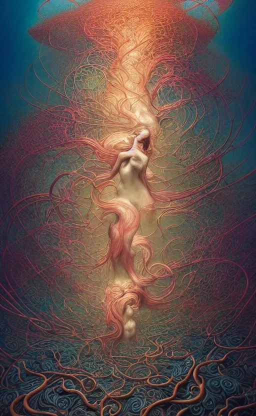 Image similar to a whirlwind of souls rushing inside the metaverse, gorgeous, great barrier reef, intricate, in the style of james jean, brian froud, zdzisław beksinski, hyperdetailed, sharp focus, intricate concept art, digital painting, ambient lighting, 1 6 k, trending on artstationhq, hyper quality