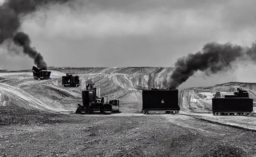 Prompt: gleaming black construction equipments designed by alexander mcqueen, a black and white strip mine is in the background, black smoke in the air, landscape, land art, beautiful award winning fashion photography