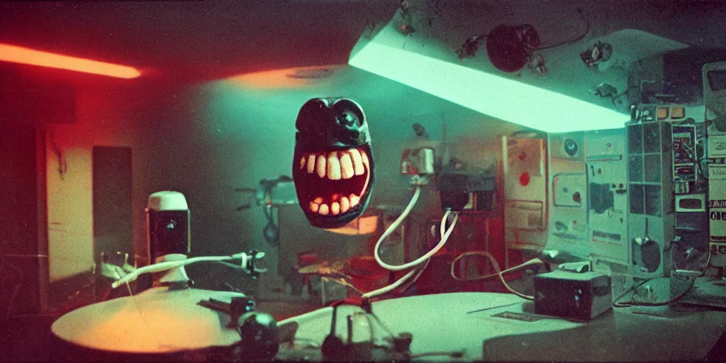 Image similar to a screaming and angry creature with a TV monitor for its head, inside of a 1970s science lab, neon lights, dirty, ektachrome photograph, volumetric lighting, f8 aperture, cinematic Eastman 5384 film