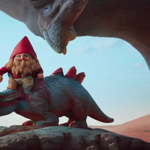 Image similar to ancient gnome riding the dinosaur, photorealistic cinematic scene, very coherent, hyper realism, high detail, vivid colors, octane render, unreal engine, 8k, Smooth gradients, High contrast, depth of field