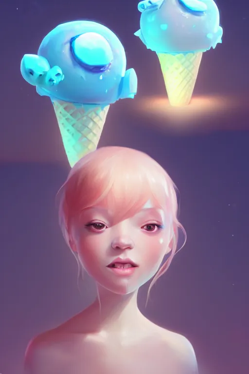 Image similar to super cute Bioluminescent melting ice cream character concept, soft light, soft mood, realistic body features and face, illustration, painting oil on canvas by Elena Zhurikhina and Goro Fujita and Charlie Bowater, octane render trending on artstation, 4k, 8k, HD