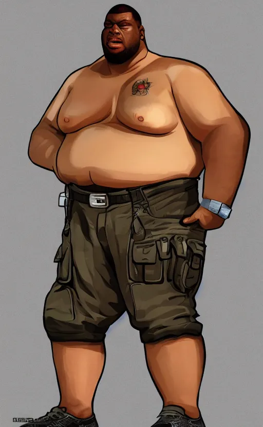 Prompt: grand theft auto concept art of a masculine stocky buff fat black woman!!! wearing t - shirt, cargo pants, tattoos, clothed!!!! buzzcut, snarl, badass, trending on art station